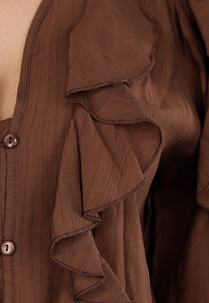 OP=OP.22.S Bruine Blouse met Ruches