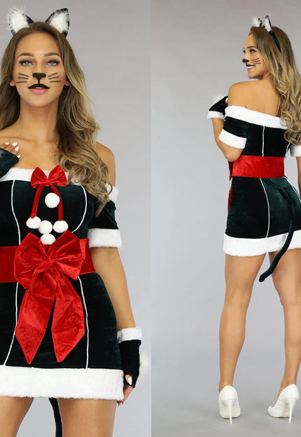 OP=OP.22.S Groen Velvet Katten Kerst Pakje