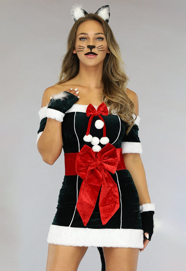 OP=OP.22.S Groen Velvet Katten Kerst Pakje