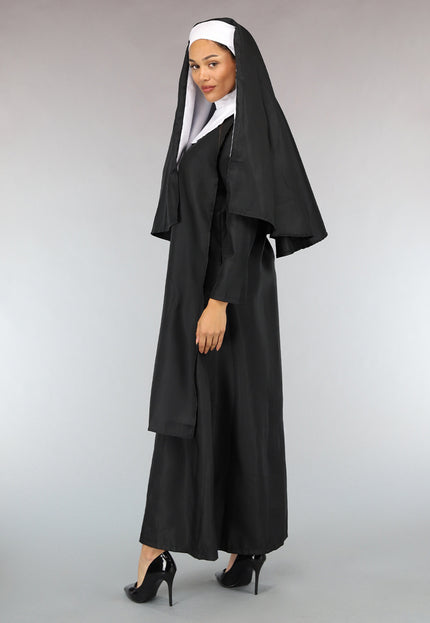 CARNA50 Lang Zwart Nonnen Kostuum