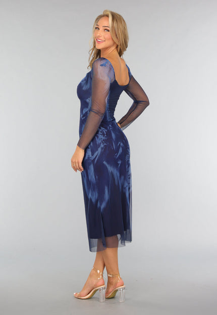 OP=OP.23.NL Blauwe Marble Mesh Midi Jurk