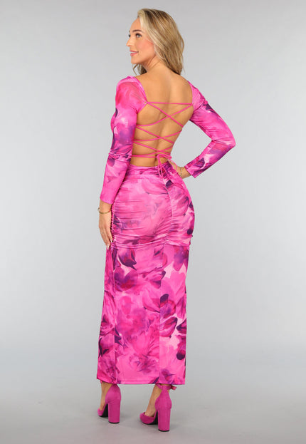 OP=OP.23.NL Fuchsia Bloemen Jurk met Open Rug