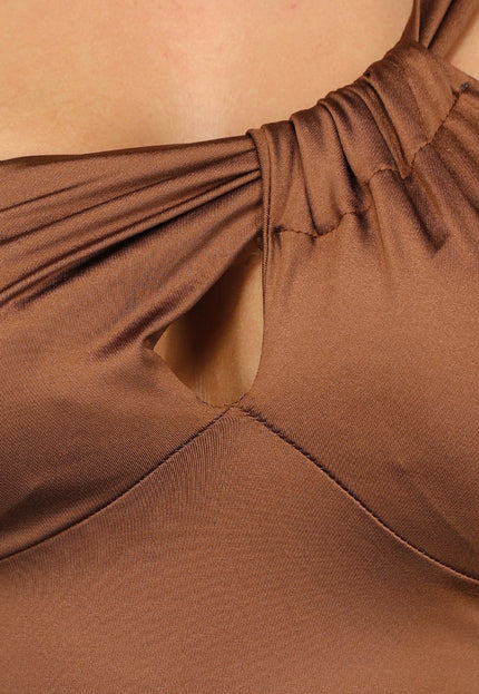 OP=OP.23.NL Padded Bruine Glanzende Jurk met Split