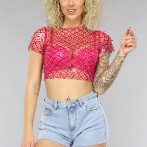 OP=OP.23.NL Roze Mesh Parel Top met Korte Mouwen