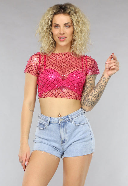 OP=OP.23.NL Roze Mesh Parel Top met Korte Mouwen