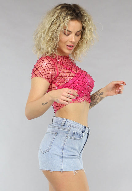 OP=OP.23.NL Roze Mesh Parel Top met Korte Mouwen