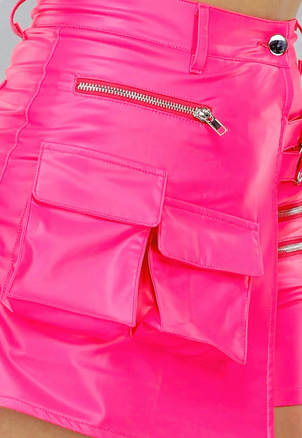 OP=OP.24.NL Lederlook Cargo Overslag Skort in Neon Roze