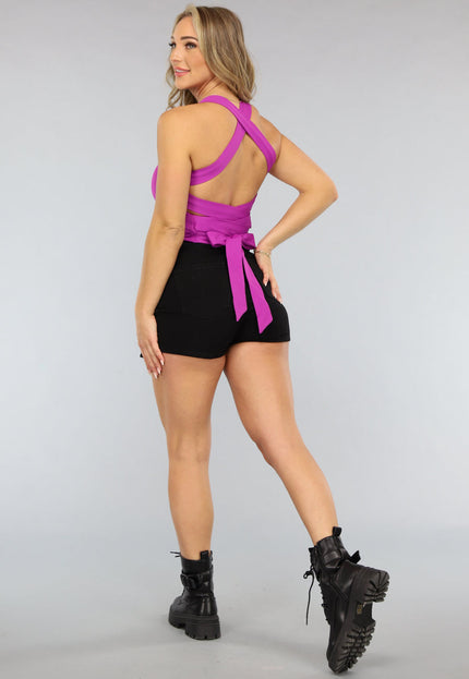OP=OP.24.NL Paarse Strakke Top met Strappy Rug Detail