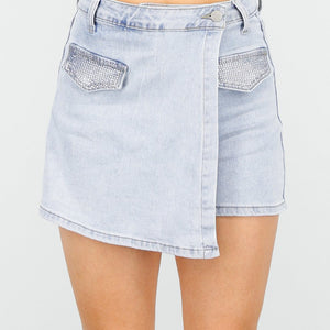 OP=OP.25.NL Denim Stretch Skort met Strass Steentjes en Zakken