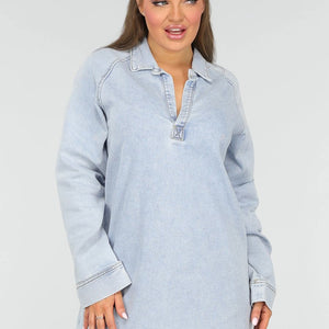 OP=OP.25.NL Longsleeve Oversized Denim Jurk met V-hals