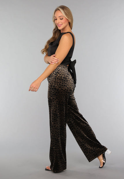 OP=OP.25.NL Velvet Wide Leg Broek met Panterprint