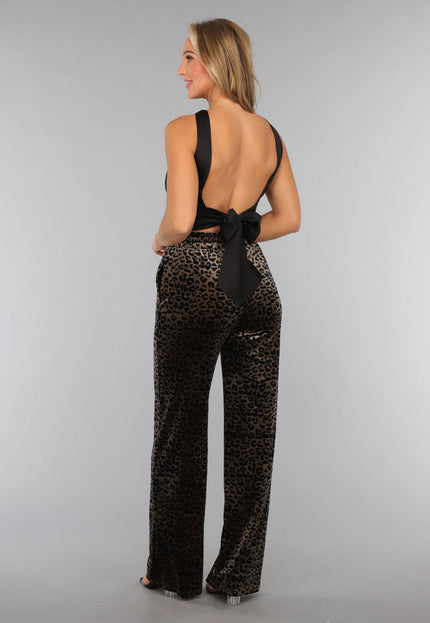OP=OP.25.NL Velvet Wide Leg Broek met Panterprint