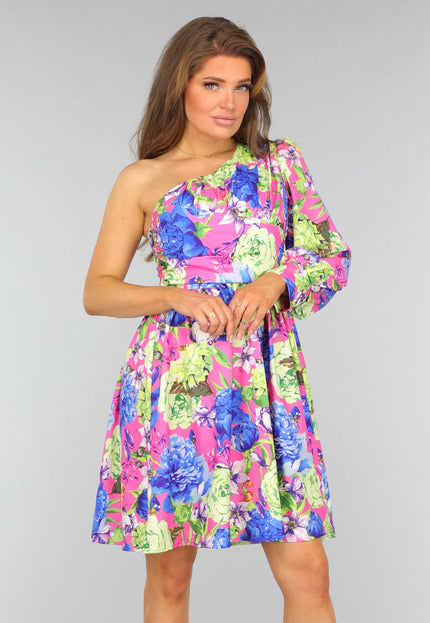OP=OP.25.S Kleurrijke One Shoulder Jurk met Bloemenprint