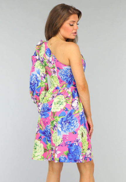 OP=OP.25.S Kleurrijke One Shoulder Jurk met Bloemenprint