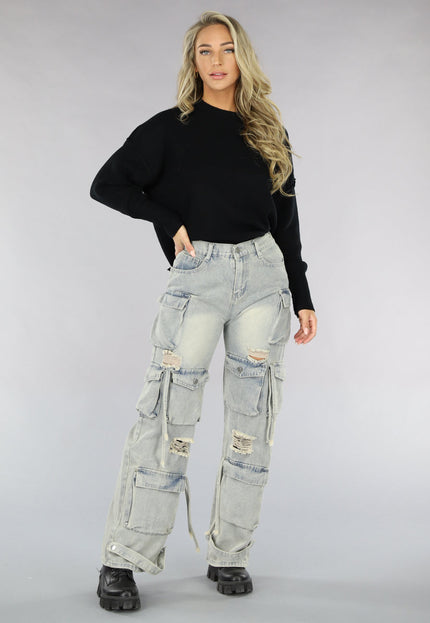 OP=OP.26.NL Acid Wash Ripped Cargo Jeans met Klepzakken