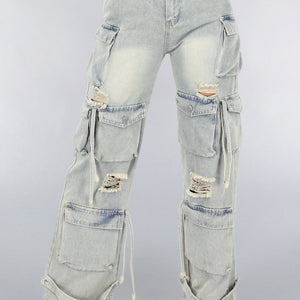 OP=OP.26.NL Acid Wash Ripped Cargo Jeans met Klepzakken