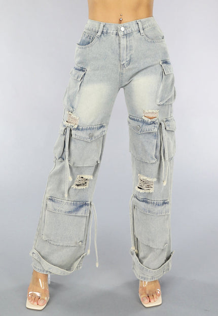 OP=OP.26.NL Acid Wash Ripped Cargo Jeans met Klepzakken