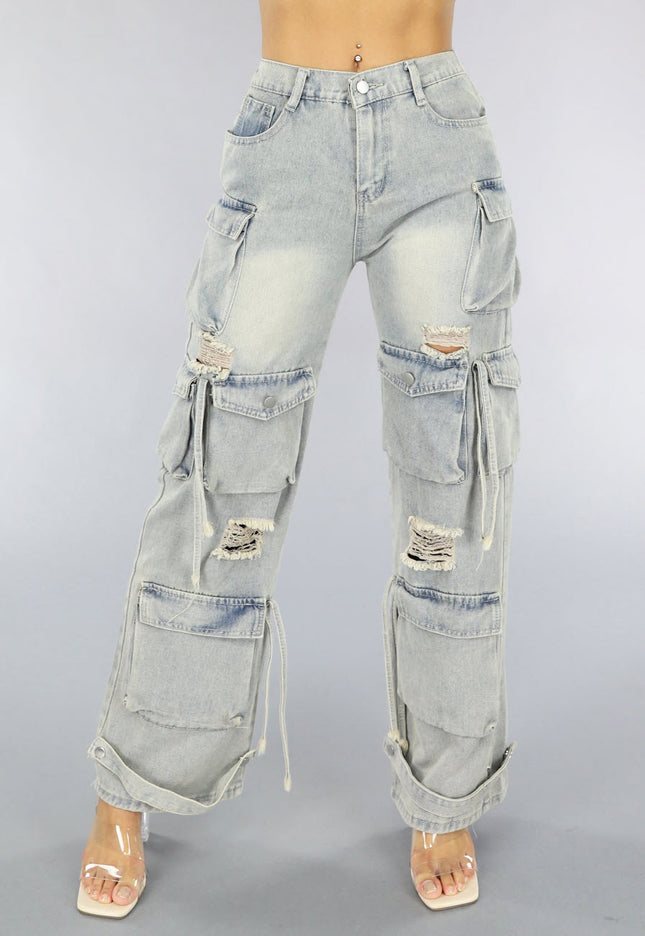 OP=OP.26.NL Acid Wash Ripped Cargo Jeans met Klepzakken