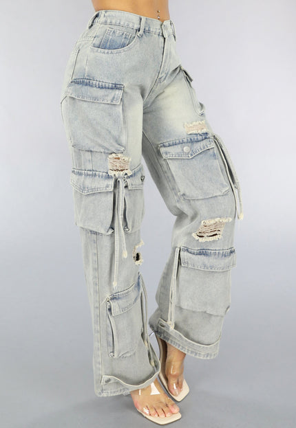 OP=OP.26.NL Acid Wash Ripped Cargo Jeans met Klepzakken