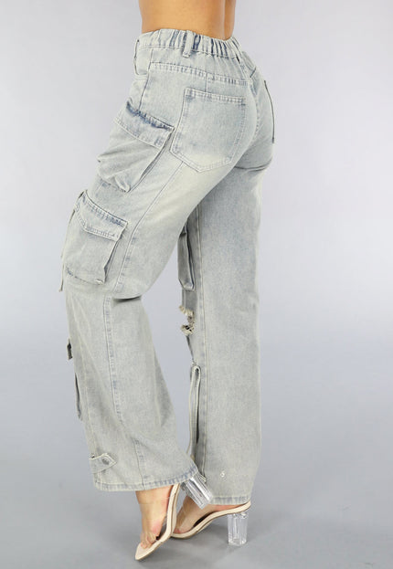 OP=OP.26.NL Acid Wash Ripped Cargo Jeans met Klepzakken