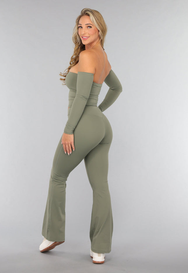 OP=OP.26.NL Legergroene Stretch Off Shoulder Top met Lange Mouwen
