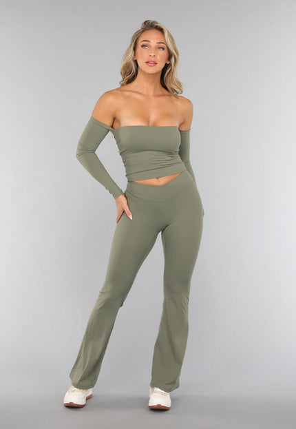 OP=OP.26.NL Legergroene Stretch Off Shoulder Top met Lange Mouwen