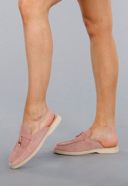 OP=OP.26.NL Licht Roze Suède Instappers met Gouden Detail