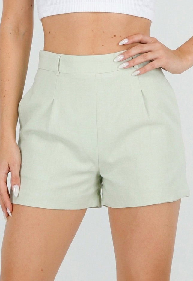 OP=OP.26.NL Mintgroene Linnenlook Short met Plooien