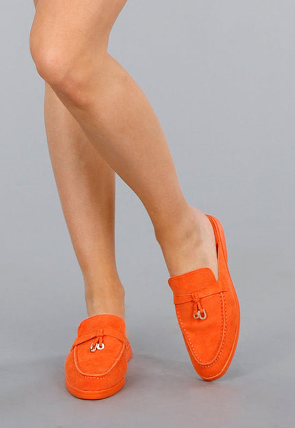OP=OP.26.NL Oranje Suède Instappers met Gouden Detail