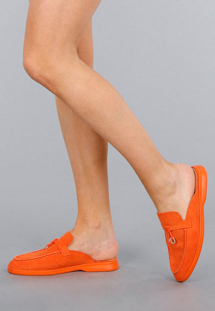 OP=OP.26.NL Oranje Suède Instappers met Gouden Detail