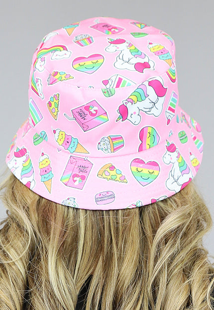 OP=OP.26.NL Roze Bucket Hat met Regenboog Snoepjes