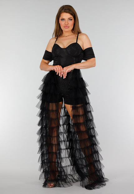 OP=OP.26.NL Zwarte Stretch Playsuit met Zwarte Strass Steentjes