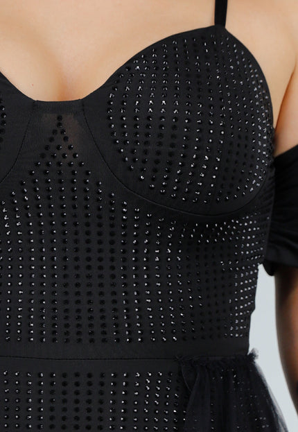 OP=OP.26.NL Zwarte Stretch Playsuit met Zwarte Strass Steentjes