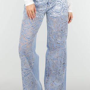 OP=OP.26.S Lichtblauwe Wide Leg Jeans met Bloemenprint