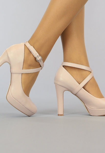 OP=OP.27.NL Beige Lederlook Pumps met Enkelbandje