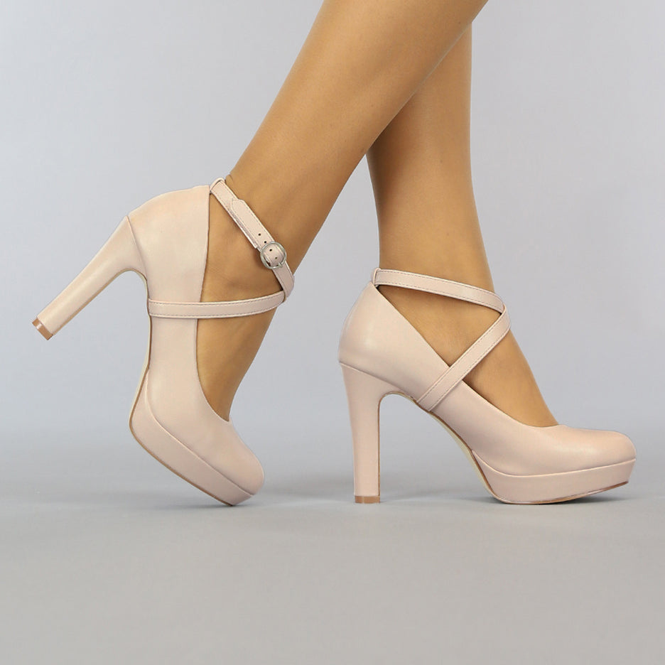 OP=OP.27.NL Beige Lederlook Pumps met Enkelbandje