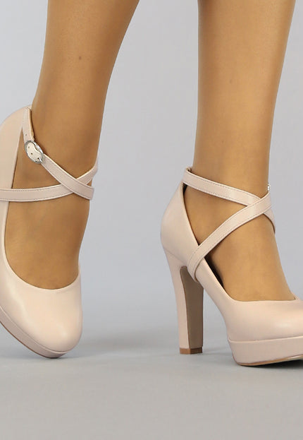 OP=OP.27.NL Beige Lederlook Pumps met Enkelbandje