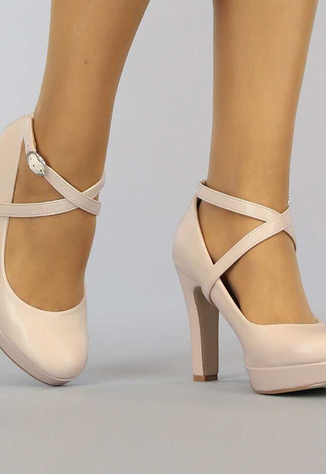 OP=OP.27.NL Beige Lederlook Pumps met Enkelbandje