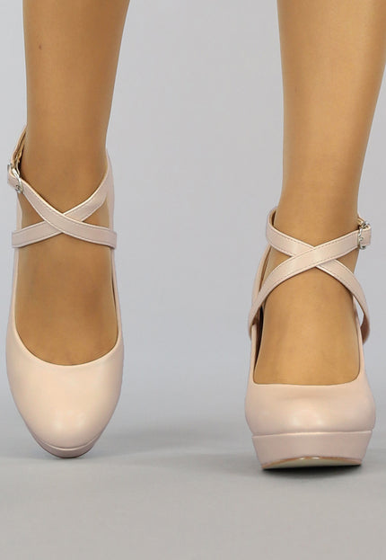 OP=OP.27.NL Beige Lederlook Pumps met Enkelbandje