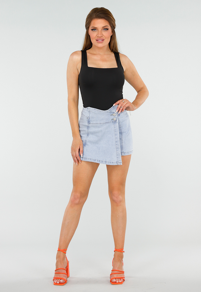 OP=OP.27.NL Lichtblauwe High Waist Stretch Denim Skort met Overslag