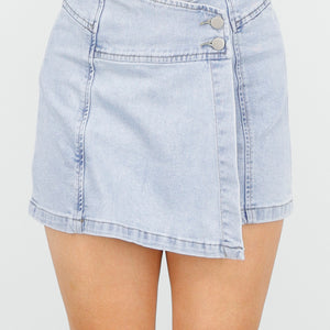 OP=OP.27.NL Lichtblauwe High Waist Stretch Denim Skort met Overslag