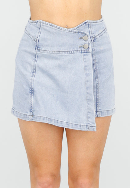 OP=OP.27.NL Lichtblauwe High Waist Stretch Denim Skort met Overslag