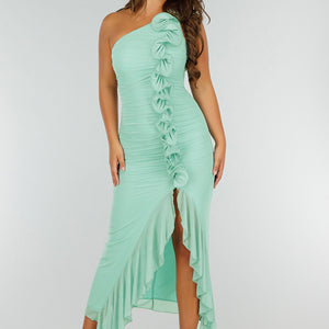 OP=OP.27.NL Mintgroene Stretchjurk met Rozetten en Split