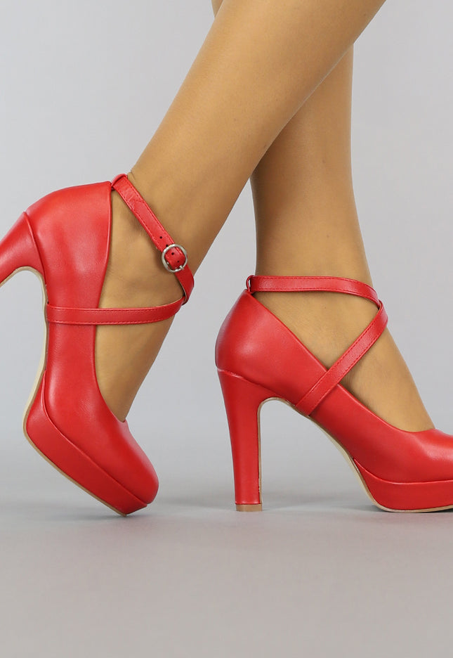 OP=OP.27.NL Rode Lederlook Pumps met Enkelbandje