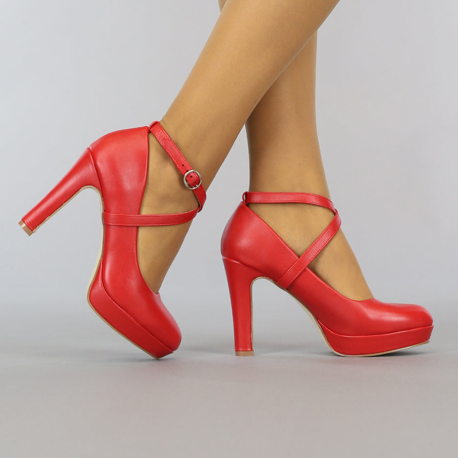 OP=OP.27.NL Rode Lederlook Pumps met Enkelbandje