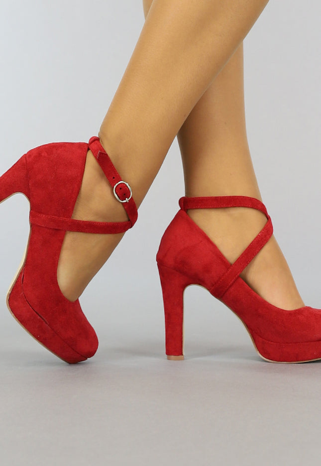 OP=OP.27.NL Rode Suède-Look Pumps met Enkelbandje