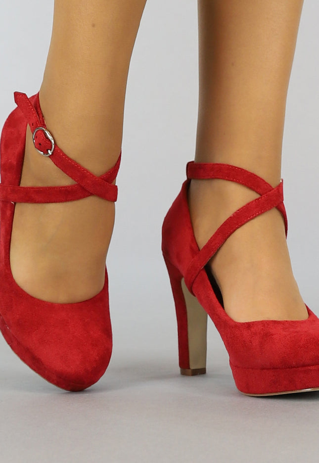 OP=OP.27.NL Rode Suède-Look Pumps met Enkelbandje
