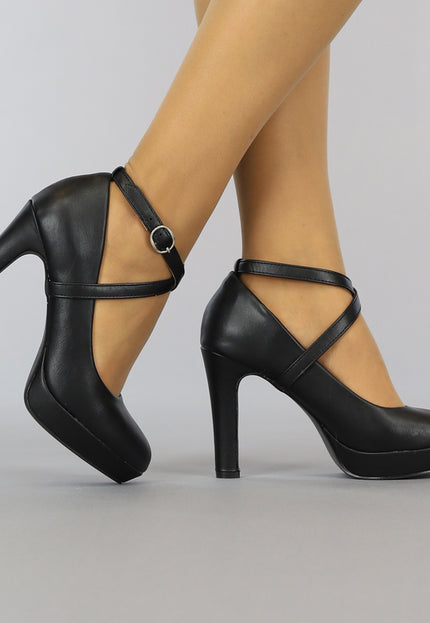 OP=OP.27.NL Zwarte Lederlook Pumps met Enkelbandje