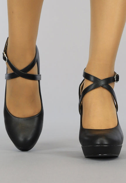 OP=OP.27.NL Zwarte Lederlook Pumps met Enkelbandje
