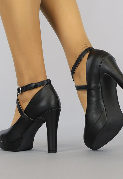 OP=OP.27.NL Zwarte Lederlook Pumps met Enkelbandje